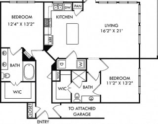 The Millennium with Attached Garage. 2 bedroom apartment. Kitchen with island open to living room. 2 full bathrooms, double vanity in master, shower stall in guest. Walk-in closets. Patio/balcony.