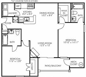 The Benton. 2 bedroom apartment. Kitchen with bartop open to living/dinning rooms. fireplace. 2 full bathrooms. Walk-in closets. Patio/balcony.