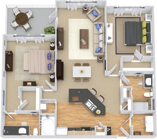 Graham I 3D. 2 bedroom apartment. Kitchen with bartop open to living/dinning rooms. 2 full bathrooms, shower stall in guest. Walk-in closets. Patio/balcony.