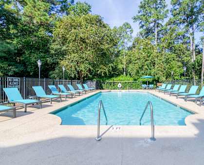A large swimming pool surrounded by trees and lounge chairs.