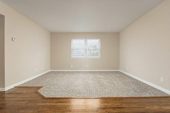 A room with a carpet and a window.