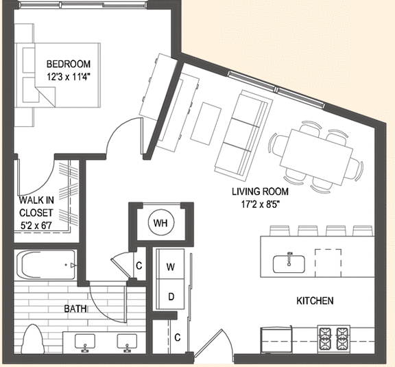 1 bed 1 bath floor plan K at Iron Works Sono, Norwalk, 06854