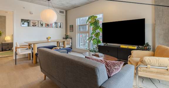 A living room with a grey couch and a television.