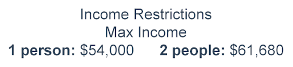 A sign indicating income restrictions with max income for one person being $54,000 and for two people being $61,680.