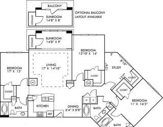 Turin with Sunroom. 3 bedroom apartment with study room. Kitchen with bartop open to living/dining rooms. 2 full bathrooms, double vanity in master. Walk-in closets. Sunroom.