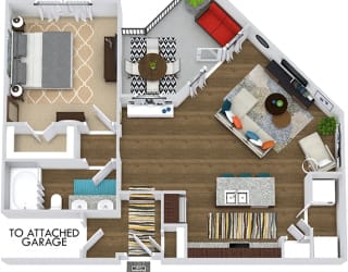 The Griffith with Attached Garage 3D. 1 bedroom apartment. Kitchen with island open to living/dinning rooms. 1 full bathroom, double vanity. Walk-in closet. Patio/balcony.