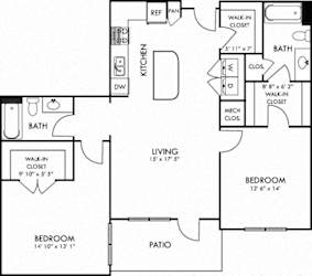 Preston. 2 bedroom apartment. Kitchen with island open to living room. 2 full bathrooms. Walk-in closets. Patio/balcony.