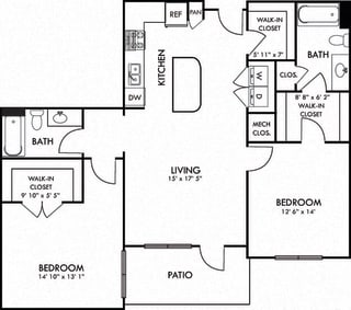 Preston. 2 bedroom apartment. Kitchen with island open to living room. 2 full bathrooms. Walk-in closets. Patio/balcony.
