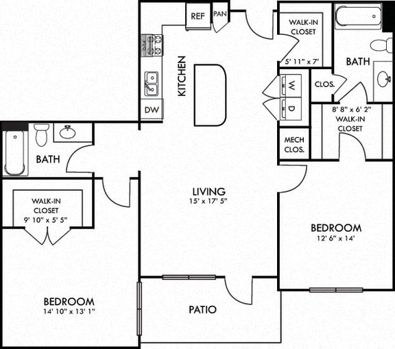 Preston. 2 bedroom apartment. Kitchen with island open to living room. 2 full bathrooms. Walk-in closets. Patio/balcony.