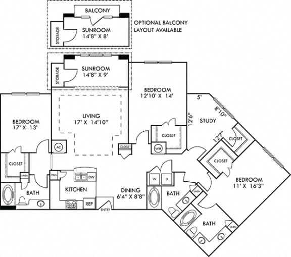 Turin with Sunroom. 3 bedroom apartment with study room. Kitchen with bartop open to living/dining rooms. 2 full bathrooms, double vanity in master. Walk-in closets. Sunroom.