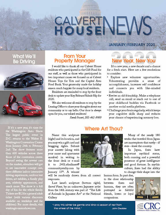 A newsletter cover for Calvert House News featuring a red car and a sculpture.