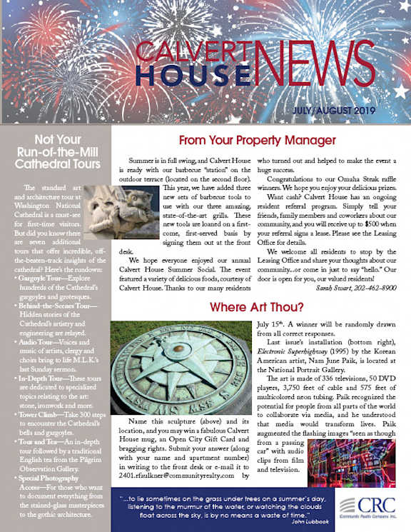 A newsletter page with a red, white, and blue theme, featuring an article about a summer event at Calvert House.