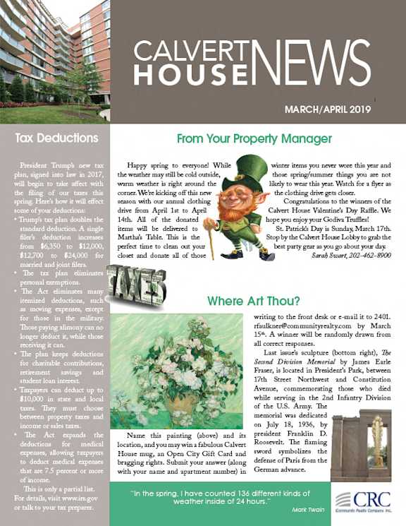 A newsletter cover for Calvert House News featuring tax deductions and a St. Patrick's Day article.