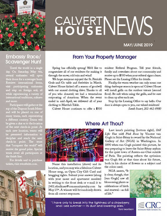 A newsletter cover for Calvert House News featuring an embassy race/scavenger hunt announcement.