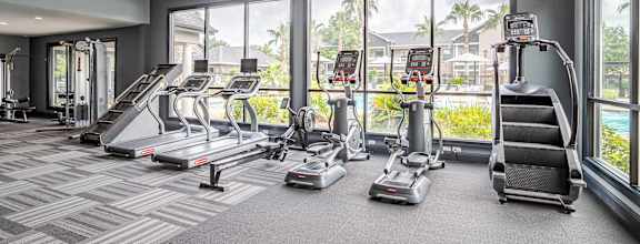 A gym with treadmills, elliptical machines, and a stair climber at Avenues at Shadow Creek Ranch Apartments, Pearland, TX, 77584