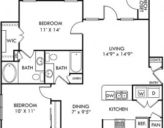 Congress 2 bedroom apartment. Kitchen with bartop open to living and dining rooms. 2 full bathrooms. Large walk-in closet in master. Closet in second bedroom. Patio/balcony.