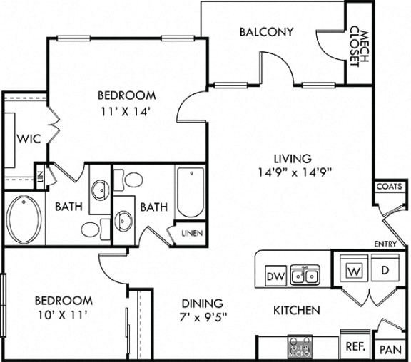 Congress 2 bedroom apartment. Kitchen with bartop open to living and dining rooms. 2 full bathrooms. Large walk-in closet in master. Closet in second bedroom. Patio/balcony.