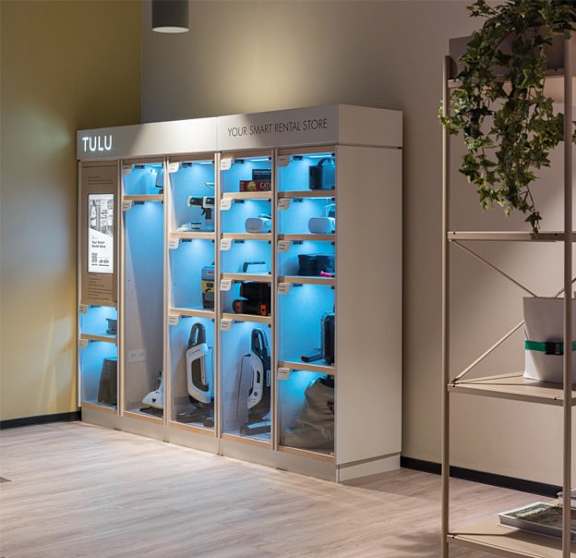 Tulu is a smart rental store with a variety of products displayed in the glass cases.
