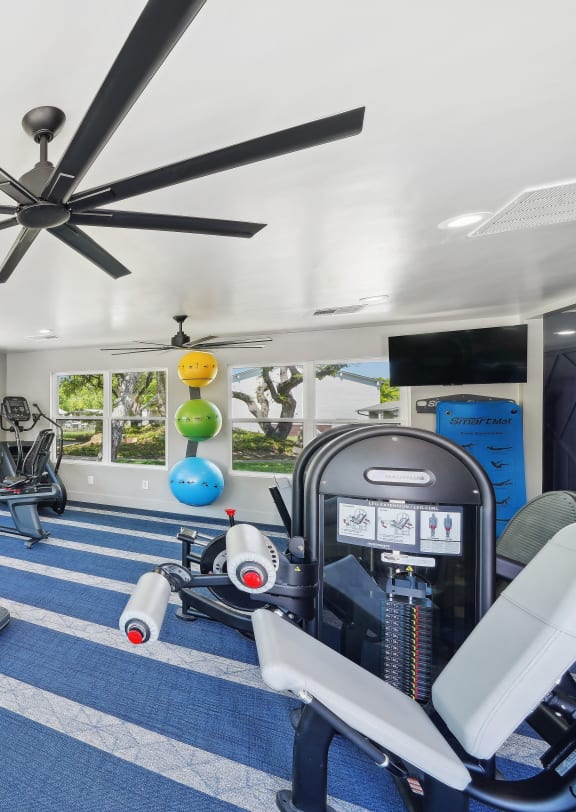 a gym with exercise equipment and a ceiling fan