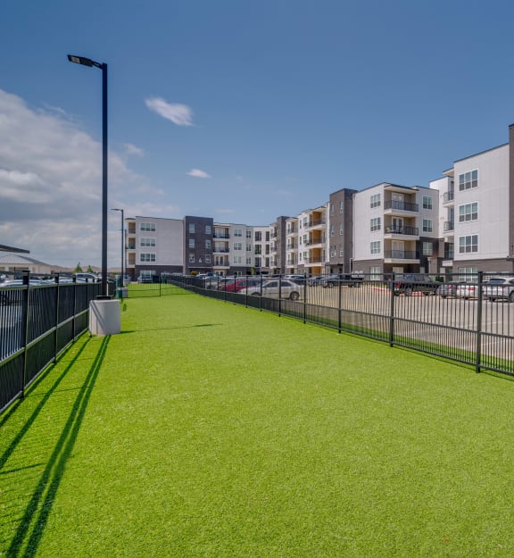 a grassy area next to a fence with apartment buildings