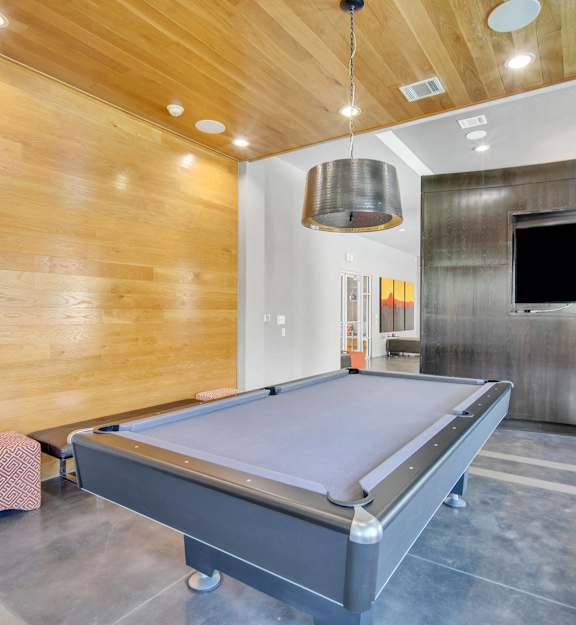a game room with a pool table and a tv