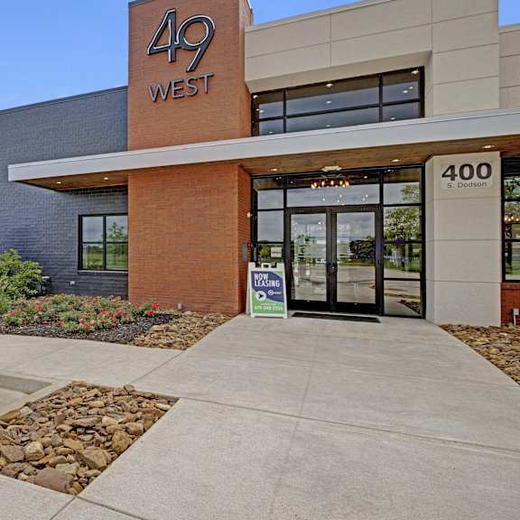 The front of the 49 West Building, including the sign. 