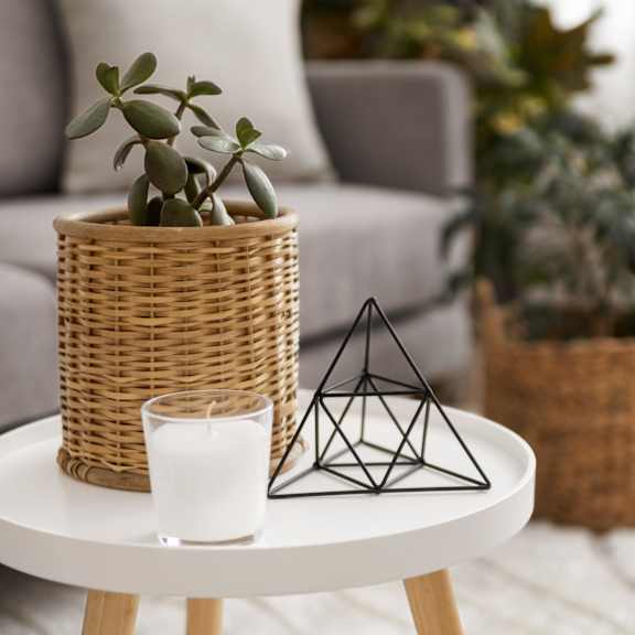 White candle on a table next to a plant in a wicker basket in an indoor setting