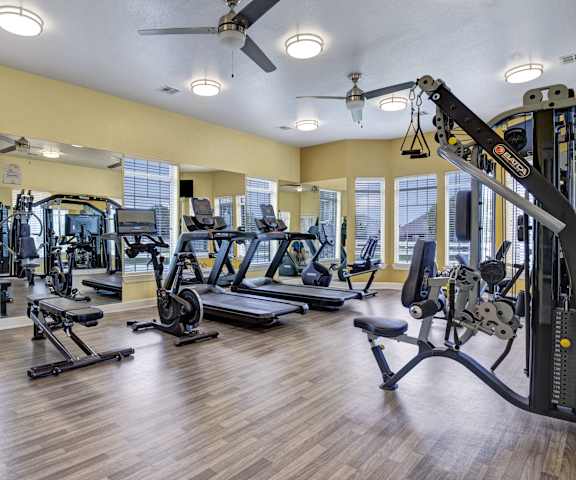 A gym with cardio machines, windows, TVs, and weights at Harbin Pointe Apartment Homes. 