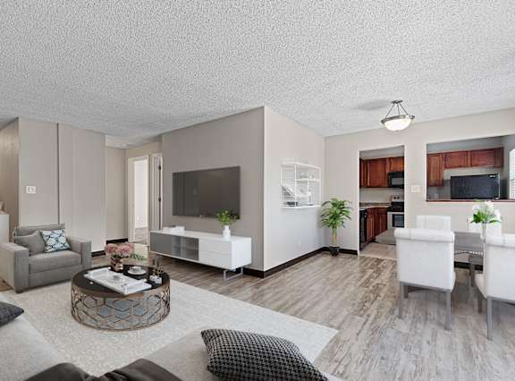 A modern living room with a grey couch, a coffee table, and a television.