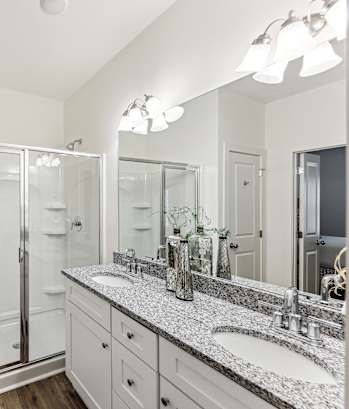 a bathroom with two sinks and a shower