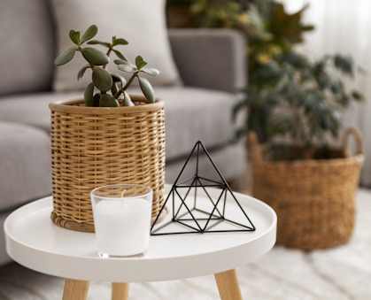 a candle and a potted plant on a table in a living room