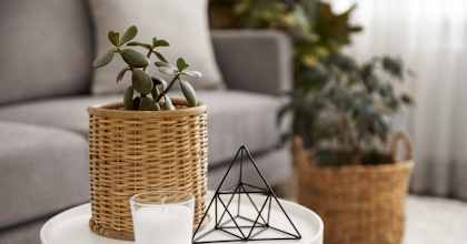 a candle and a potted plant on a table in a living room