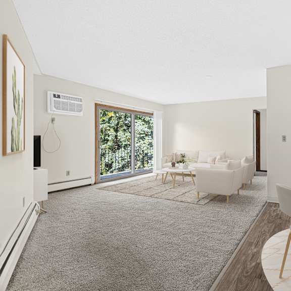 A modern living room with a dining table set up.