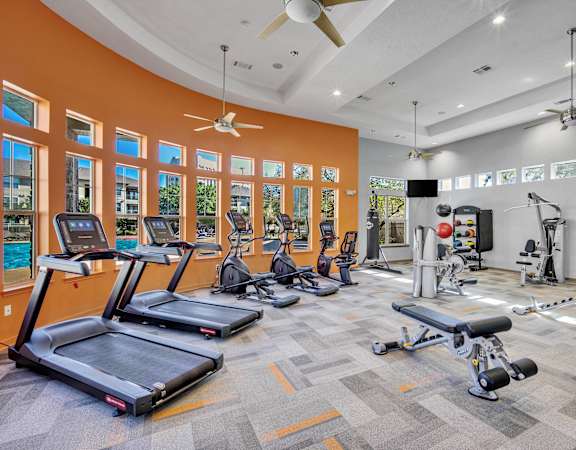 a gym with treadmills and other exercise equipment