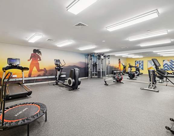 A gym with a variety of equipment including treadmills, exercise bikes, and weights.