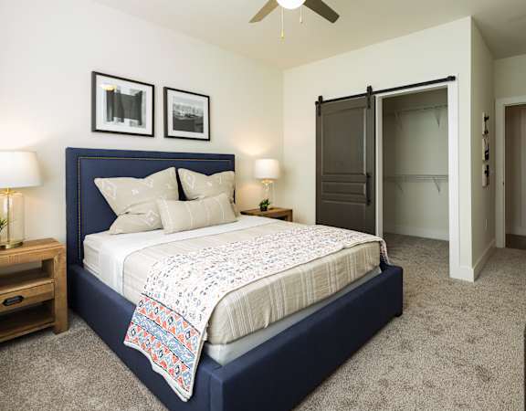 a bedroom with a bed and a closet