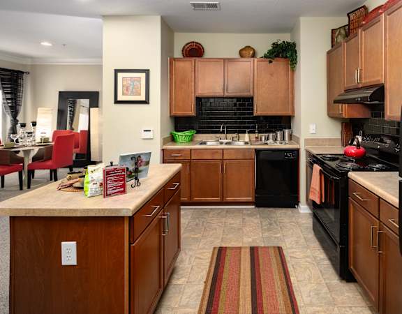 A kitchen with black appliances and wooden cabinets.
