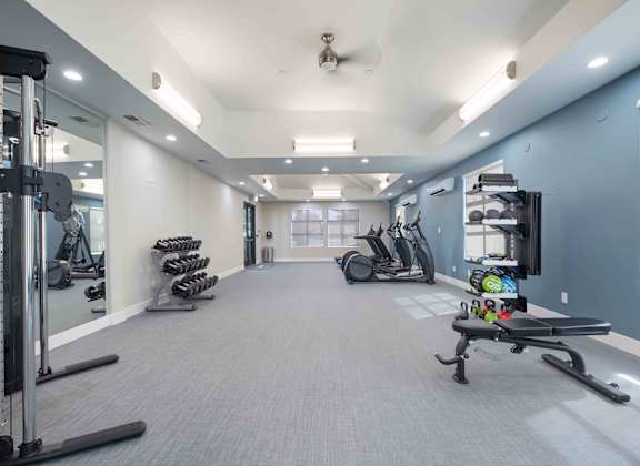 A spacious gym with a variety of equipment including treadmills, stationary bikes, and weight machines.