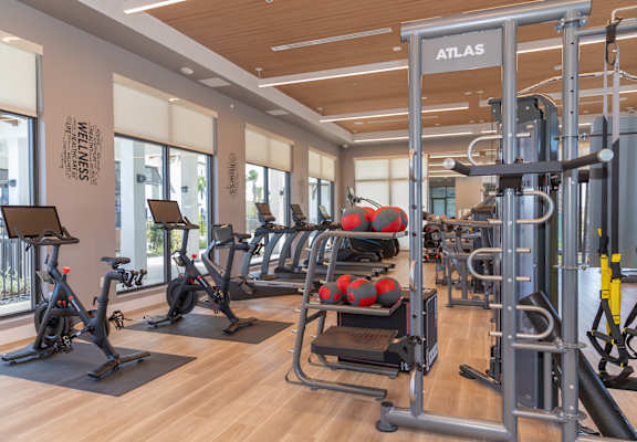 A gym with a variety of exercise equipment including treadmills, stationary bikes, and weight machines.