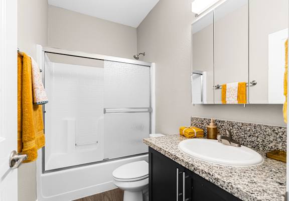 A bathroom with a white toilet, sink, and shower.