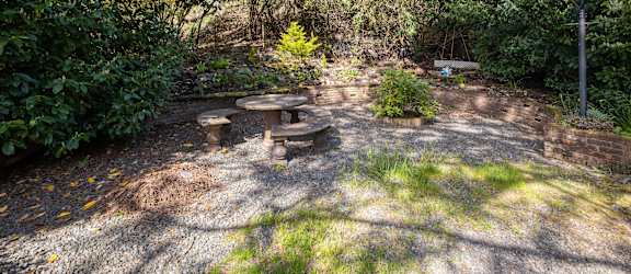 A backyard with a picnic table surrounded by trees.