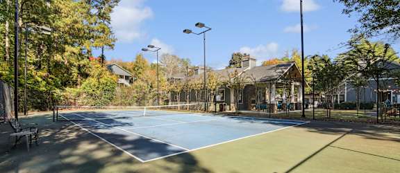 A tennis court surrounded by trees and street lights.