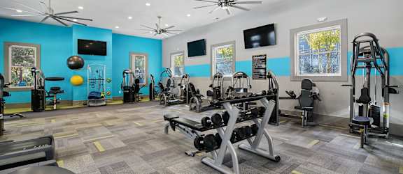 A spacious gym with a variety of equipment including treadmills, weight machines, and a bench press.