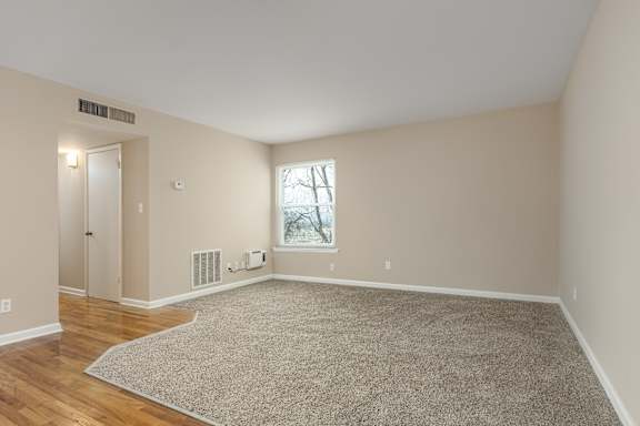A room with a carpet and a window.