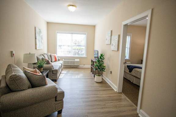 A living room with a couch, chair, and potted plant.