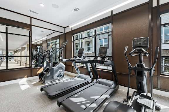 A gym with treadmills and elliptical machines.
