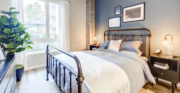 A bedroom with a large bed and a plant in a pot.