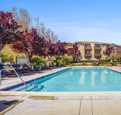 a swimming pool with trees and a building in the background