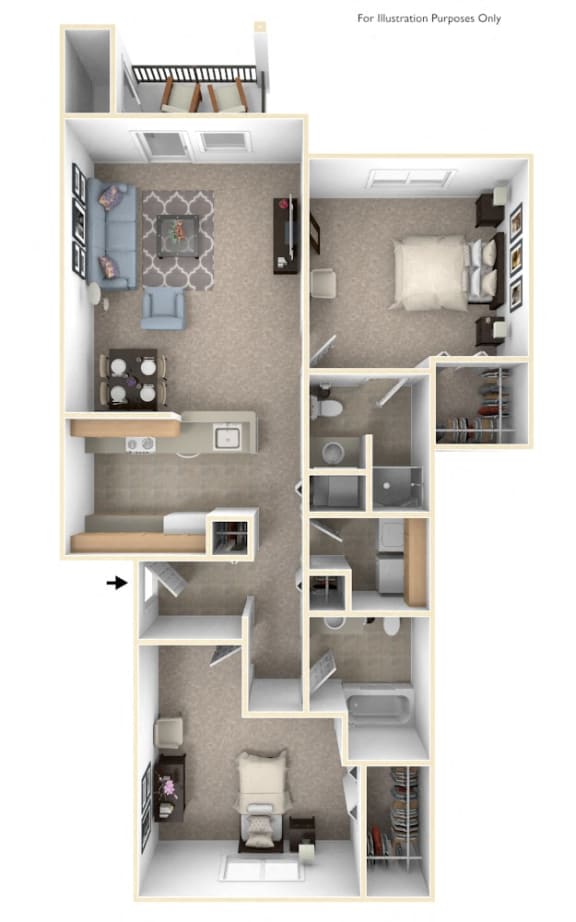 2 Bed 2 Bath Traditional Two Bedroom Floor Plan at Black Sand Apartment Homes, Lincoln