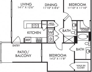 Foster. 2 bedroom apartment. Kitchen with bartop open to living/dinning rooms. 2 full bathrooms, shower stall in guest. Walk-in closets. Patio/balcony.